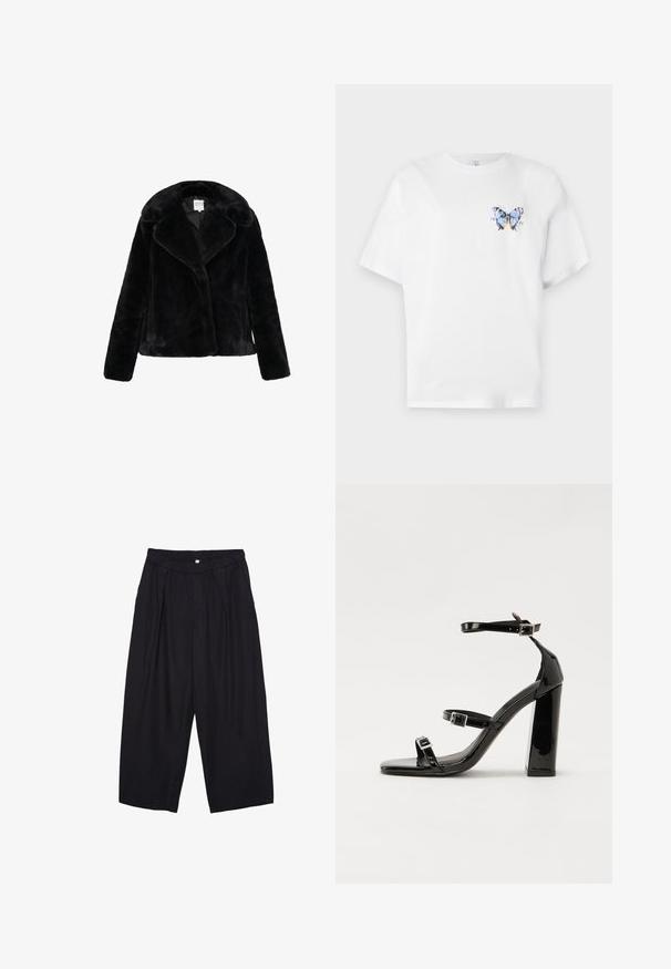 Černé umělé kožich s širokým límcem, dlouhými rukávy a měkkou strukturou. Bez viditelných zapínání; elegantní a moderní design.; Bílý bavlněný tričko s barevným potiskem motýla na levé části hrudi. Krátké rukávy a volný střih.; Černé polyesterové culotte kalhoty s elastickým pasem, dvěma předními sklady a volným siluetou. Žádné viditelné vzory ani kovové detaily.; Černé lakované sandály na podpatku se čtveratou špičkou, lýtkovými pásky a stříbrnými přezkami. Disponují masivním blokovým podpatkem pro stabilitu.