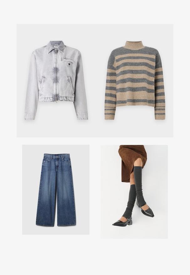 Szürke farmerdzseki hosszú ujjakkal, cipzáras elejével, cropped fazonban, mellzsebbel és logós részletekkel. Puha tapintású, megfakult felülettel.; Csíkos kötött pulóver szürke és bézs színekkel, magas gallérral, széles mandzsettás ujjal és laza, rövidített fazonnal.; Széles lábú kék farmernadrág elhalványodott felülettel, gombos és cipzáras záródással, öt zsebbel és övhurkokkal.; Fekete lakk bőrből készült, hegyes orrú cipők, tömbsarkúakkal és bokapánttal, szürke bordás lábszármelegítőkkel és barna velúr szoknyával párosítva.