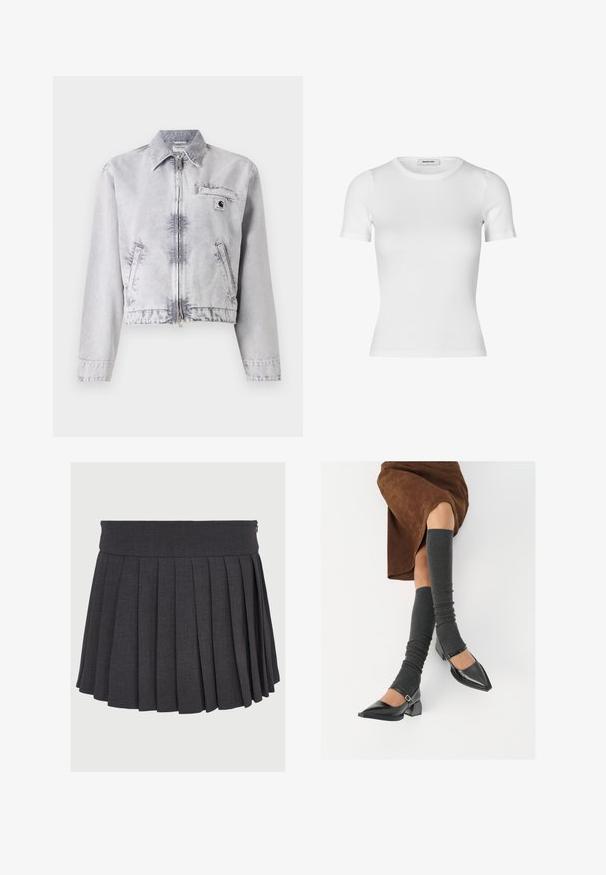Casaco de ganga cinza com mangas longas, fecho de correr frontal, design curto, bolso no peito e detalhe com logótipo. Textura suave com um acabamento desgastado.; T-shirt branca de mangas curtas feita de tecido de algodão canelado. Design ajustado com decote redondo e textura suave. Sem padrões ou adornos.; Saia cinza plissada com uma cintura lisa e fecho de zíper, feita de um tecido texturizado, apresentando pregas profundas distribuídas uniformemente.; Sapatos pretos de pele lacada com biqueira pontuda, salto bloco e tiras no tornozelo, combinados com caneleiras cinzas em malha e uma saia de camurça castanha.