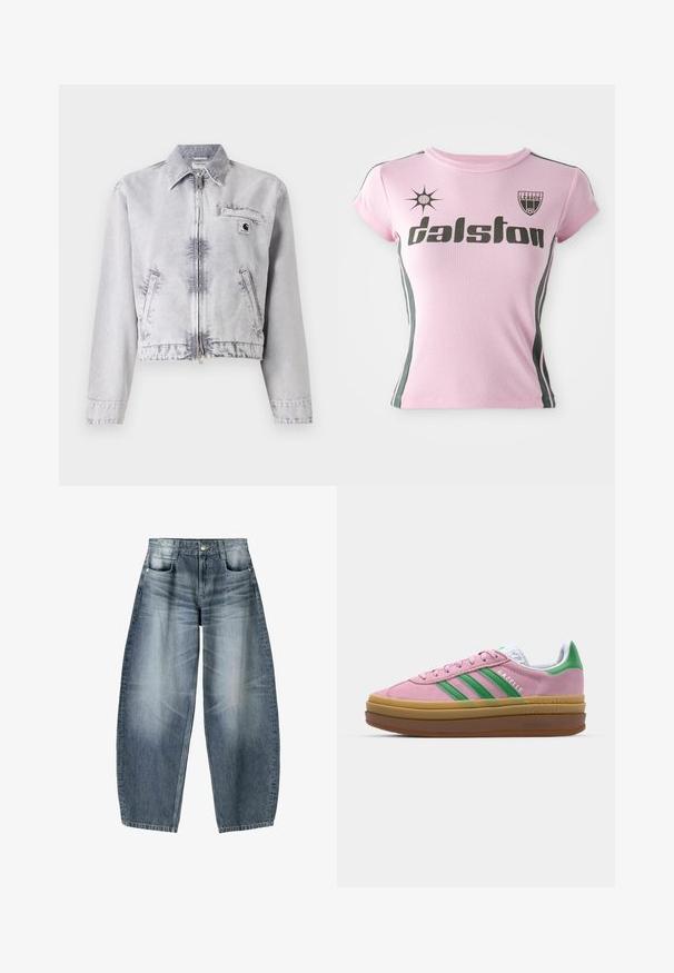 Giacca in denim grigia con maniche lunghe, zip sul davanti, design cropped, tasca sul petto e dettaglio del logo. Texture morbida con una finitura sbiadita.; T-shirt rosa a maniche corte con testo nero "Dalston", dotato di un logo e strisce laterali in verde scuro. Realizzato in tessuto liscio ed elasticizzato.; Jeans a gamba larga in denim azzurro chiaro con sfumature, dotati di design a cinque tasche, chiusura con bottone e dettagli di cucitura minimal.; Sneakers in suede rosa con strisce verdi, dettagli bianchi e suola in gomma marrone. Presentano un tessuto testurizzato e un logo sulla parte laterale.