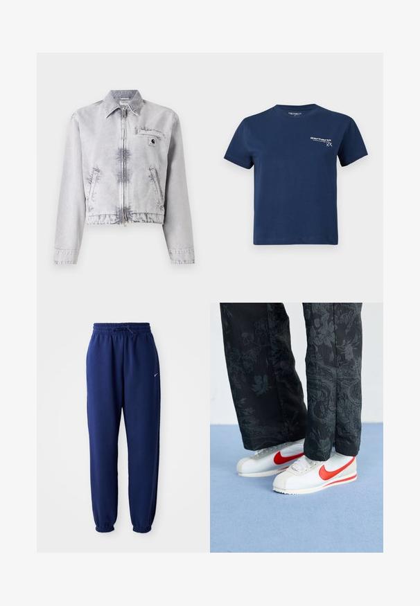 Gray denim jacket with long sleeves, zipper front, cropped design, chest pocket, and logo detail. Soft texture with a faded finish.; Navy blue cotton t-shirt with short sleeves, round neckline, and a white logo printed on the front left side. Simple design, smooth texture.; Navy blue sweatpants made of soft fabric, featuring an elastic waistband with drawstring, elastic cuffs, and a small white logo.; White Nike sneakers with red accents, paired with black pants featuring a floral pattern. Texture is smooth with a flat braid sole.