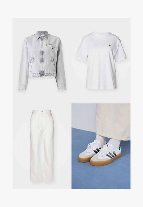 Chaqueta de mezclilla gris con mangas largas, cierre de cremallera frontal, diseño corto, bolsillo en el pecho y detalle de logo. Textura suave con un acabado desgastado.; Camisa de algodón blanca con corte relajado, mangas cortas y un pequeño logotipo bordado en el área del pecho izquierdo.; Pantalones de mezclilla blanca con una alta cintura y un ajuste de pierna ancha. Presenta un cierre de botón y cremallera, presillas para cinturón y detalles de costura sutil.; Zapatillas blancas con rayas negras y acentos de ante beige. Cuentan con una suela de goma texturizada y cordones blancos planos, usadas con calcetines de color claro.
