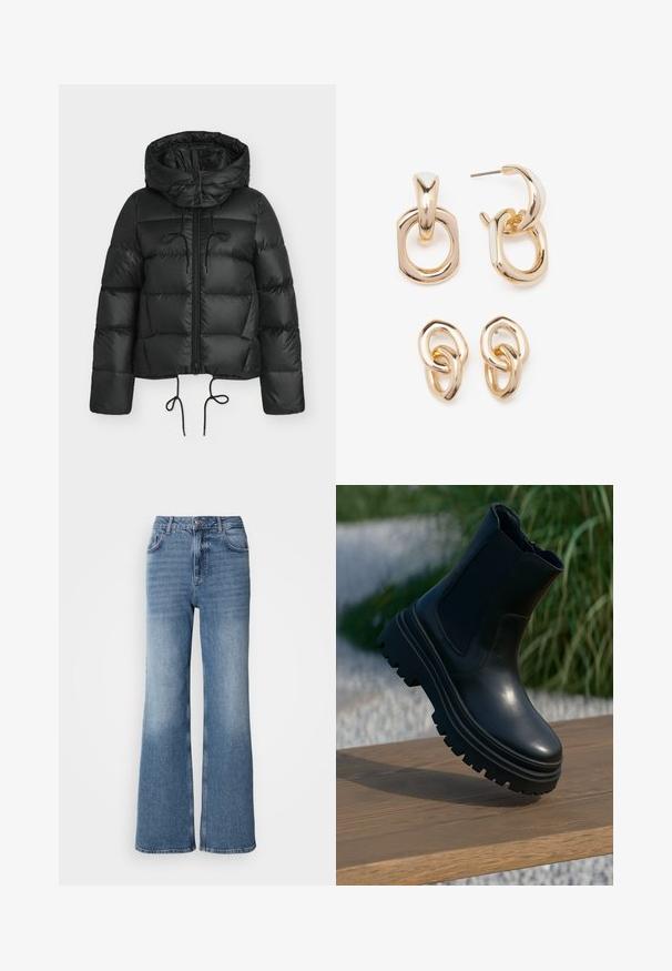 Black puffer jacket with a hood, featuring a zip front, drawstring hems, and a quilted design. Made of shiny, smooth material.; Light blue, cropped knit sweater with a flat collar and five button closure. Features long sleeves and ribbed texture at the hem.; Mos Mosh MAI - Straight leg jeans - blue wash; Black leather ankle boot with a chunky sole, elasticated side panels, and a smooth finish. Elevated design with contrasting tread detail.; Gold-toned earrings featuring a mix of geometric shapes: a square, circle, and linked oval designs with a polished finish.