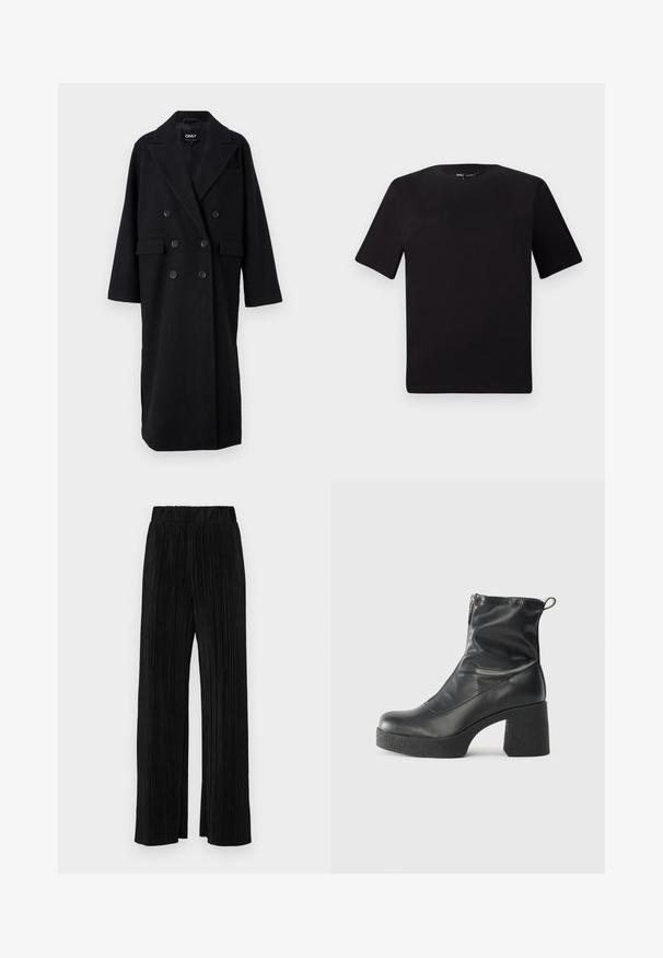 Mustmustharnast riidekapp, millel on teravad kraed, kaks esist pocketit ja suured mustad nupud. Üks suurus, millel on pikad varrukad.; Must olema lühikeste varrukatega must t-särk ümmarguse kaelusega, valmistatud pehmest puuvillast kangast. Lihtne disain, ilma nähtavate logode või mustriteta.; Mustad pleekitud püksid elastse vöökohtaga. Omavad laiad jalad ja sujuvat, tekstureeritud kangast vertikaalsete triipudega.; Mustad mustad ansapüksid, mis on valmistatud siledast nahast, külje zipperiga, paksu tekstuuriga kontsaga ja ümmarguse nina disainiga.