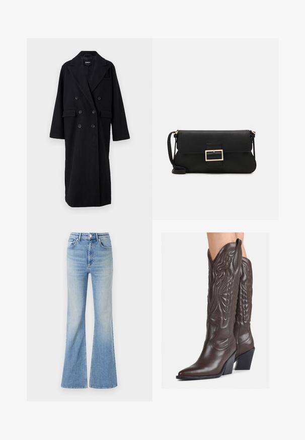 Melna vilnas līdzīga dubultā jaka ar izcilām atlokām, divām frontālām kabatām un lieliem melniem pogām. Pārmērīgi liela piegriezuma ar garām piedurknēm.; Balta bezpiedurkņu topiņš no ribotā auduma, ar noapaļotu kakla izgriezumu un pieguļošu siluetu, ar minimālām šuvēm un bez rotājumiem.; Gai zili flared džinsi, kas izgatavoti no denima, ar augstu jostasvietu, piecu kabatu dizainu un maigu gradientu izbalēšanu uz apakšmalas.; Brūni ādas kovboju zābaki ar norādītu purngalu un blokveida papēdi, ar detalizētu šūšanu un paceltiem akcentiem uz kājas daļas.; Melnas ādas saķeres soma ar atloku un zelta metāla sprādzi. Ietver melnu siksnu un elegantu, minimālistisku dizainu.