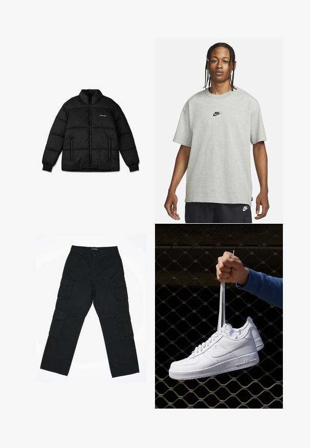 Černá péřová bunda s vysokým límcem, zipovým zapínáním a žebrovanými manžetami. Obsahuje prošitý vzor a malé logo na přední straně.; Mladý člověk s pletenými vlasy, oblečený v světle šedém tričku Nike a černých šortkách Nike, na čistém bílém pozadí.; Černé cargo kalhoty vyrobené z bavlněné tkaniny. Mají několik bočních kapes, rovný střih nohavic a zapínání na knoflík v pase.; Bílé kožené tenisky s perforacemi, kulatou špičkou, plochou podrážkou a silnými tkaničkami, které mají viditelné logo swoosh a nápis "AIR" na patě.