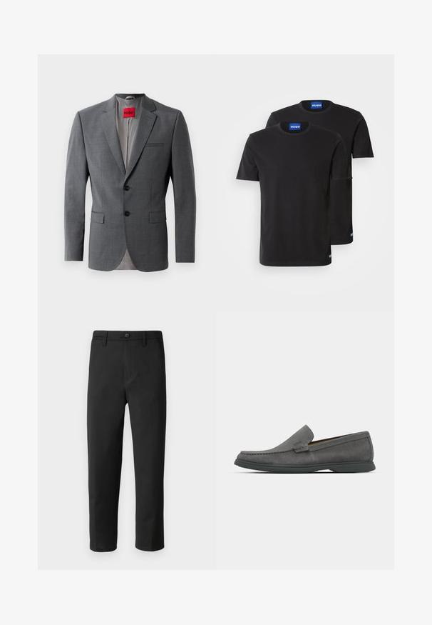 Hallitatud hall bleiser, mis on varustatud sälk-lapelite, kahe nupuga ja kahe eesmine taskuga. Sisemine vooder on heledast hallist kangast. Punane brändi etikett on nähtav.; Kaks musta puuvillast T-särki ümmarguste kaelustega, lühikeste varrukatega, millel on sinised "HUGO" sildid kraedel ja külgservadel.; Mustad sirgedega mustad püksid, valmistatud siledast kangast. Omavad nuppe sulgemiseks ja vööümberringi sildu. Pole märgatavaid mustreid ega aktsente.; Hallid hallad kampsunid ümarate varvaste, õmblusdetailide ja madala kummitaldaga. Omavad libiseva disaini ilma nähtava riistvarata.