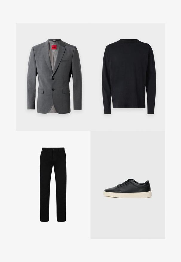 Blazer gri, croit, cu revere laț și două butoane, având două buzunare frontale. Interiorul este căptușit cu un material gri deschis. Eticheta roșie a brandului este vizibilă.; Cămașă neagră cu mâneci lungi, dintr-un material moale. Are un guler de tip crew și umeri căzuți. Textură netedă, fără modele vizibile.; Pantaloni negri din bumbac cu o croială dreaptă, având sistem de închidere cu nasture, curea și un design minimalist. Textură netedă, fără modele.; Sneaker din piele neagră, cu vârf jos, cu șireturi negre și talpă de un alb murdar, prezentat în profil lateral, pe un fundal alb.