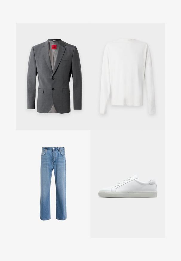 Blazer grigio su misura con rever a punta, due bottoni e due tasche frontali. Interno foderato in tessuto grigio chiaro. Etichetta del marchio rossa visibile.; Camicia bianca in cotone a maniche lunghe con scollatura rotonda, spacchi laterali in fondo e una texture liscia, mostrata da dietro.; Jeans in denim blu chiaro con design a gamba dritta, cinque tasche, chiusura con bottone, leggero sbiadimento e dettagli di cucitura a contrasto.; Sneaker bianco con tomaia in pelle liscia e profilo basso. Presenta una punta arrotondata, sei occhielli e una suola in gomma testurizzata.