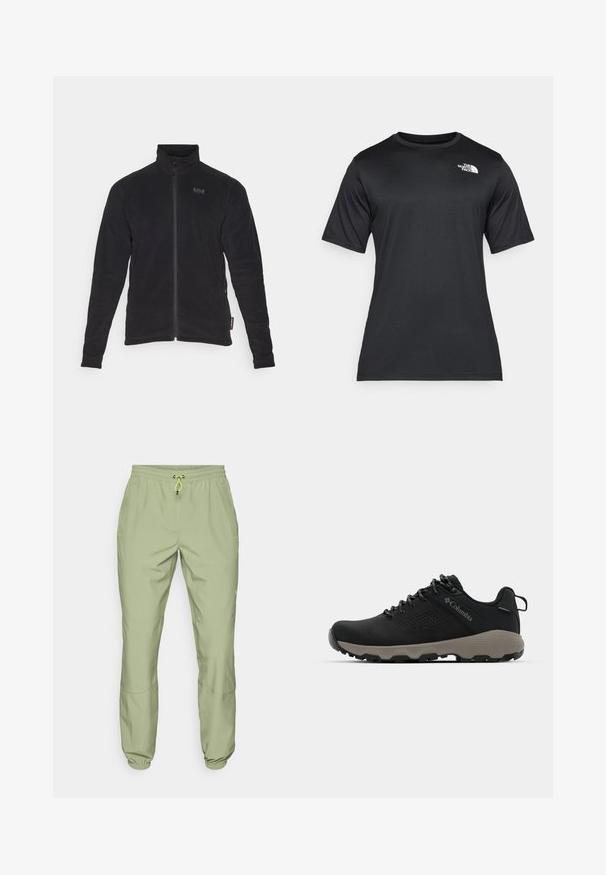 Crna flis jakna s visokim ovratnikom, punim prednjim patentnim zatvaračem i bočnim džepovima. Ima suptilan logo na prsima i teksturiranu tkaninu.; Crna majica kratkih rukava od lagane, prozračne tkanine koja upija vlagu. Ima bijeli logo na lijevoj strani prsnog koša i okrugli izrez.; Svijetlozelene atletske hlače s elastičnim pojasom, zatvaranjem na vezicu i manžetama na gležnjevima; imaju dvije bočne džepove i glatku teksturu.; Crne planinarske cipele s glatkim gornjim dijelom, perforiranim dizajnom, sivoj potplati i ojačanim petom. Sadrže vezice i petlju za lakše oblačenje.