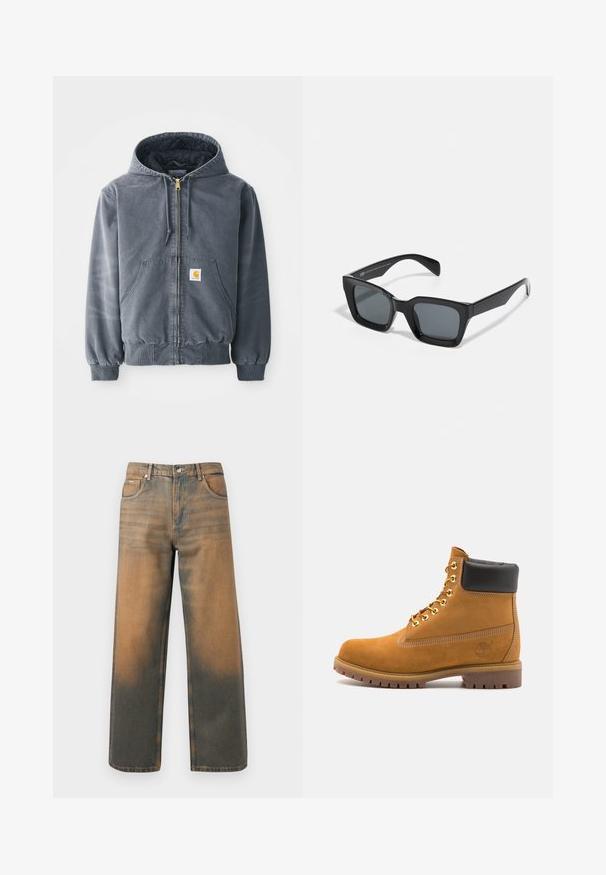 Szara bluza z kapturem, z suwakiem z przodu, dwiema dużymi kieszeniami, ściągaczami przy mankietach i naszywką z logiem na lewej kieszeni. Wykonana z trwałego materiału.; Biała bluza z kapturem, z dużym nadrukiem w formie identyfikatora w kolorach niebieskim, żółtym i czarnym, z kieszenią z przodu i ściągaczem na kapturze.; Jeansy o szerokich nogawkach w przetartym niebieskim i brązowym denimp. Posiadają wysoki stan, przednie kieszenie oraz klasyczne zapięcie na guzik z metalowymi akcentami.; Beżowe zamszowe botki sięgające kostki z czarną wyściełaną krawędzią, złotymi oczkami, białymi detalami szycia oraz wytrzymałą gumową podeszwą z wyraźnym bieżnikiem.; Czarne prostokątne okulary przeciwsłoneczne z ciemnymi soczewkami. Plastikowa oprawka o błyszczącym wykończeniu, z szerokim mostkiem i lekko zwężającymi się ramionami.
