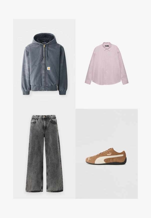 Grau Hoodie mit Frontreißverschluss, zwei großen Taschen, gerippten Bündchen und einem Logo-Patch auf der linken Tasche. Hergestellt aus strapazierfähigem Stoff.; Helles rosa Button-down-Hemd mit vertikalen blauen Streifen, Kragen, langen Ärmeln und lockerer Passform. Aus glattem Stoff mit leichtem Glanz gefertigt.; Schwarze Jeans mit weitem Bein und einem verblassten Finish. Verfügt über fünf Taschen, einen Knopfverschluss und kontrastierende Nähte entlang der Nähte.; Braune Wildleder-Low-Top-Sneaker mit cremefarbenen Akzenten, strukturierter Oberfläche, schwarzer Gummisohle und gesticktem Logo an der Seite und Zunge.