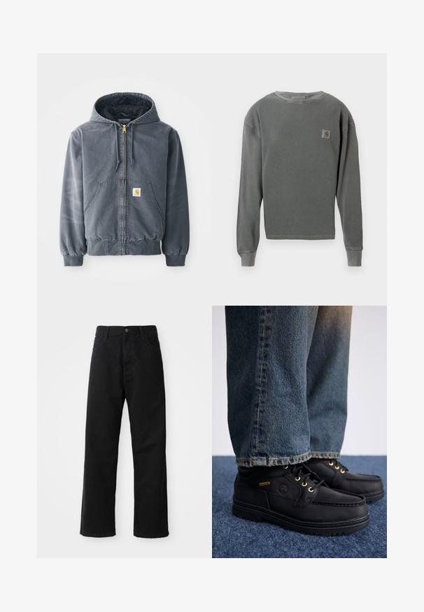 Sivá mikina s kapucňou a predným zipsom, dvomi veľkými vreckami, rebrovanými manžetami a nášivkou loga na ľavom vrecku. Vyrobená z odolného materiálu.; Šedá dlhá mikina s kruhovým výstrihom a rebrovanou textúrou, s malou štvorcovou nášivkou na ľavej hrudi a rebrovanými manžetami.; Čierne denimové nohavice so rovným strihom, vystúpené predné vrecká, zips a jedno horné gombík. Štruktúrovaná tkanina s matným povrchom.; Čierne kožené topánky so zlatými očkami a textúrovaným povrchom, skombinované s modrými džínami. Topánky majú viacvrstvovú podrážku a detail s logom.