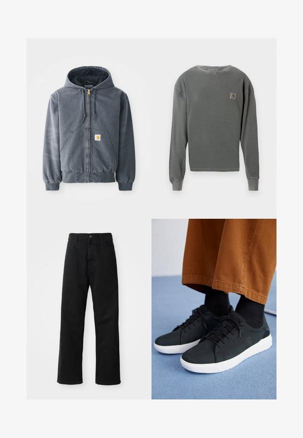 Pelēks kapučjaka džemperis ar priekšējo rāvējslēdzēju, divām lielām kabatām, ribota krokotā piedurkne un logo uzlīme uz kreisās kabatas. Izgatavots no izturīga materiāla.; Pelēks garās piedurknes kruzēns ar ribotu tekstūru, ar mazu kvadrātveida logotipa uzšuvumu kreisajā krūtī un ribotām aprocēm.; Melnas džinsu bikses ar taisnu griezumu, ar priekšējiem kabatām, rāvējslēdzēju un vienu augšējo pogu. Tekstūrēta auduma matēta virsma.; Melnas zamšādas kedas ar baltām gumijas zolēm, ar saistāmām auklām, tekstūrētām detaļām un diskrētu zīmolu, apvienotas ar brūniem biksēm.