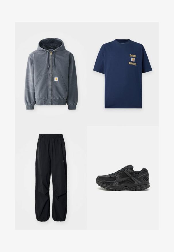 Grå hettegenser med glidelås foran, to store lommer, ribbestrikkede mansjetter og en logo-patch på venstre lomme. Laget av slitesterkt stoff.; Mørk blå bomull t-skjorte med korte ermer, med gulltekst "Carhartt University" og et logo-patch på venstre bryst.; Sorte lettvekts cargo-bukser i svart med elastisk midje, sidelommer med glidelås og romslige lommer. Har en løs passform og innsnørede mansjetter.; Sorte atletiske sko med mesh-overdel, gummisåle og teksturerte detaljer. Designet inkluderer uttalt snøringssystem og polstret såle.