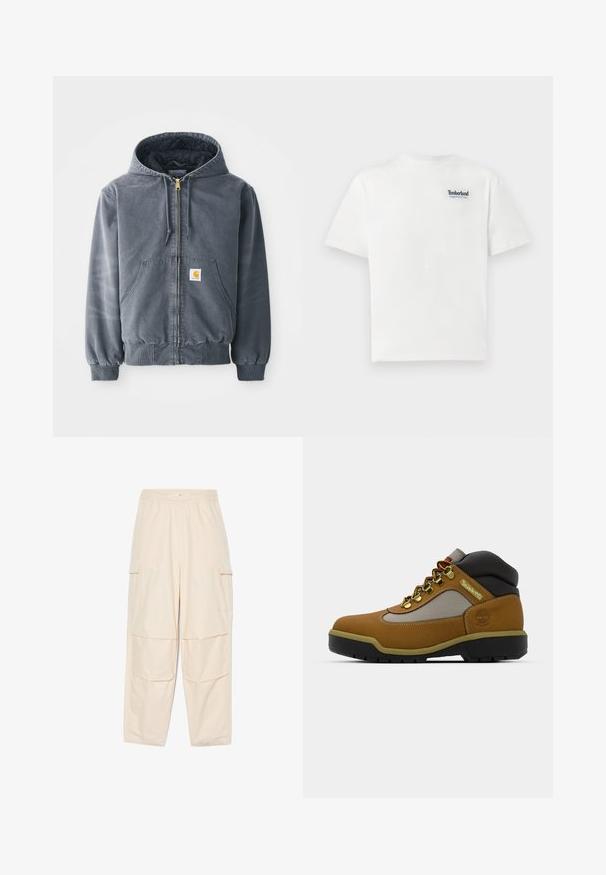 Grau Hoodie mit Frontreißverschluss, zwei großen Taschen, gerippten Bündchen und einem Logo-Patch auf der linken Tasche. Hergestellt aus strapazierfähigem Stoff.; Weißes Baumwoll-T-Shirt mit einem blauen, gestickten "Timberland Rugged Active Gear"-Logo auf der oberen linken Brust. Kurze Ärmel und Rundhalsausschnitt.; Helle beige Cargo-Hosen aus einem strukturierten Stoff, mit einem elastischen Bund und zwei Seitentaschen mit Klappen.; Brauner Wanderschuh mit grauen und schwarzen Akzenten, Obermaterial aus strukturiertem Leder, Metallösen und einer robusten Gummisohle für Traktion.