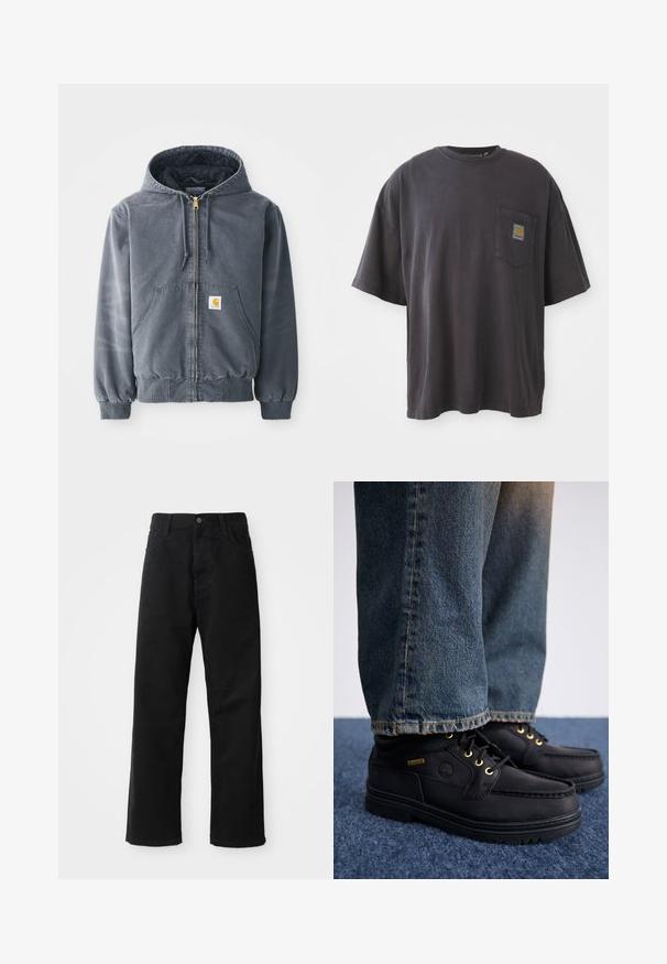 Gray hooded sweatshirt with a front zipper, two large pockets, ribbed cuffs, and a logo patch on the left pocket. Made from durable fabric.; Black cotton t-shirt with short sleeves, a round neckline, and a left chest pocket featuring a square logo patch. Simple and unembellished design.; Black denim pants with a straight cut, featuring front pockets, a zip fly, and a single top button. Textured fabric with a matte finish.; Black leather shoes with gold eyelets and a textured finish, paired with blue denim jeans. Shoes feature a layered sole and branding detail.