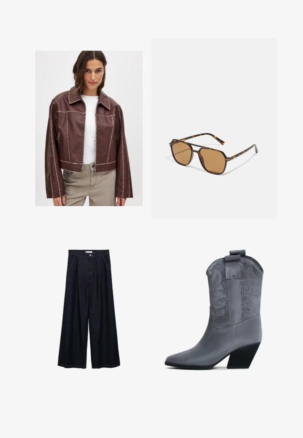 Brun kort faux läderjacka med spetsig krage, dragkedjestängning och kontrasterande sömmar. Långa ärmar med sidofickor med dragkedja.; Brun tröja med horisontella ränder i gult och blått. Gjord av mjukt, fluffigt material med rundad halsringning och långa ärmar.; Vit långärmad skjorta med rundad nederkant, mjuk textur, veckdetalj på baksidan och manschettärmar, designad för en avslappnad passform.; Mörk denim vid-byxa med hög midja, featuring en frontknäppning, två sidofickor och stickningsdetaljer.; Grå fuskmocka cowboystövel med spetsig tå, dekorativa utskärningar och en staplad klack. Har en dragflik för enkel påtagning.; Bruna solglasögon med en sköldpaddsmönstrad båge, rektangulära linser och smala skalmar med ett orange accentmönster.