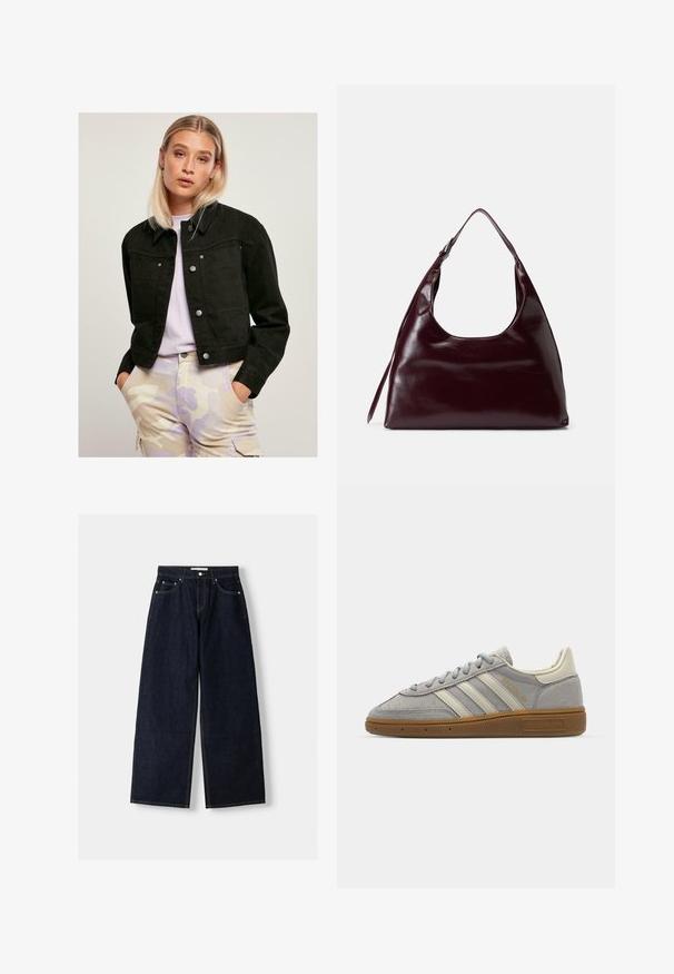Svart kort denimjacka med fodrad krage, två framfickor och silverfärgade tryckknappar, i kombination med ljusa kamouflagebyxor.; Svart polo-tröja i ett mjukt stickat tyg. Har långa ärmar och ribbade mudd och nederkant. En enkel, klassisk design utan mönster.; Mörkblå denim med vida ben och hög midja, fem fickor, kontrastsömmar och silverfärgad metalldetaljer. Slät textur och ren finish.; Grå mockasneakers med ljusgrå läderlinjer och en gummigummi-sula. Funktioner inkluderar snörning och diskret logotyp på tungan.; Burgundy läderhandväska med en rundad urtagning i toppen, slät yta och en lång axelrem, med minimalistisk design och ingen synlig hårdvara.