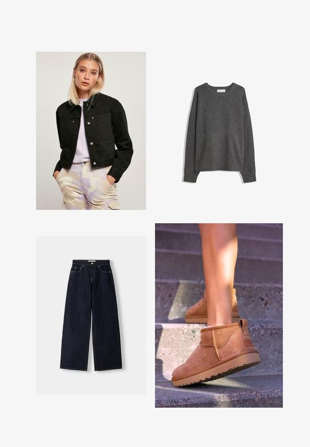 Mustat lyhyet farkkutakit, joissa on vuorattu kaulus, kaksi etutaskua ja hopeiset napeilla, yhdistettynä vaaleisiin maastokuvioisiin housuihin.; Harmaa neulepusero, jossa on leveä pääntie, pitkät hihat ja ribbineuleiset hihansuut. Kangas näyttää pehmeältä, siinä on lievää tekstuuria ja rento istuvuus.; Tummansiniset farkut, joissa on leveät lahkeet ja korkea vyötärö, viisi taskua, kontrastiväriset saumat ja hopeiset metalliosat. Sileä pinta ja siisti viimeistely.; Kahdenruskeat mokkanahkaiset nilkkurit, joissa on pehmeä pinta, kirjailtua yksityiskohtaa ja kumipohja. Kengissä on myös kätevä lenkki kantapäässä, joka helpottaa pukemista.