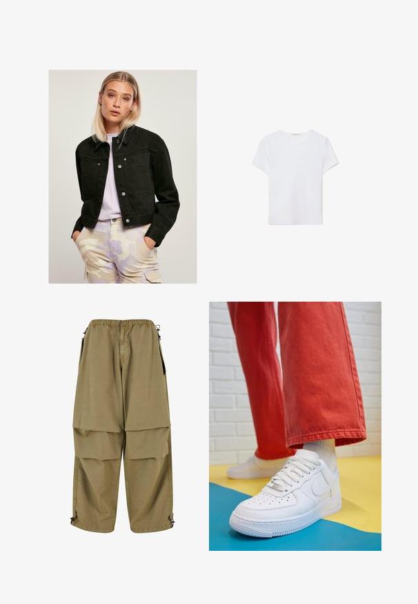 Črna skrajšana denim jakna s podloženim ovratnikom, dvema sprednjima žepoma in srebrnimi gumbki, v kombinaciji s svetlimi vzorčenimi hlačami na vojaški način.; Bela kratka majica s kratkimi rokavi, izdelana iz mehkega materiala. Ima okroglo izrez in preprost, čist dizajn s ravnim robom.; Bežne cargo hlače z elastičnim pasom, velikimi sprednjimi žepi in prilagodljivimi manšeti. Narejene so iz lahkega materiala z gladko teksturo.; Beli usnjeni športni čevlji s perforiranim prstnim delom, teksturiranim podplatom in belimi vezalkami, v kombinaciji s širokimi rdečimi hlačami in modro-rumeno ozadje.