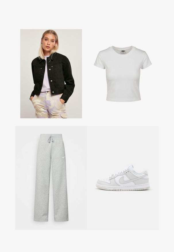 Svart kort denimjacka med fodrad krage, två framfickor och silverfärgade tryckknappar, i kombination med ljusa kamouflagebyxor.; Vit bomullströja med klassisk rund hals, korta ärmar och en åtsittande passform. Inga mönster eller detaljer synliga.; Grå sweatpants med resårmidja, snörningsdetalj och en liten vit Nike-logotyp på vänster lår. Mjukt tyg, lös passform.; Vita läder sneakers med grå accenter, perforerad tå, platta snören, vadderad krage och en texturerad gummisula.