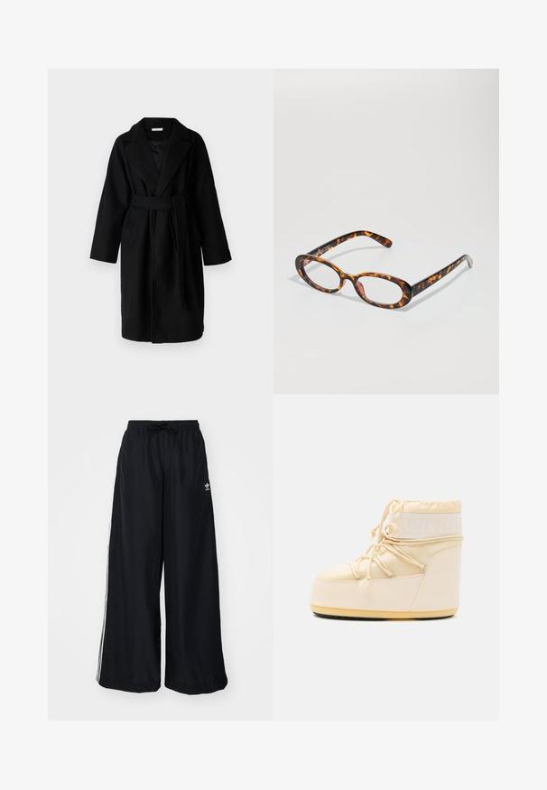 Gina Tricot Petite Klasični plašč - black; Dva dolge rokave turtleneck majice, ena bela in ena črna, izdelani iz gladkega, raztegljivega materiala, oba imata slim-fit kroj in visoke ovratnike.; Črne široke hlače iz lahkega blaga. Imajo elastičen pas z vrvico in bele stranske črte. Logotip blagovne znamke na boku.; Svetlo bež Moon Boot z zaobljenim nosom, zapiranjem na vrvico in teksturiranim gumijastim podplatom. Ima belo blagovno znamko in gladke sintetične materiale.; Tortoiseshell očala z ovalnimi lečami, ki imajo sijoč zaključek, ozke ročice in subtilne vzorce, ki spominjajo na tigerjeve proge.