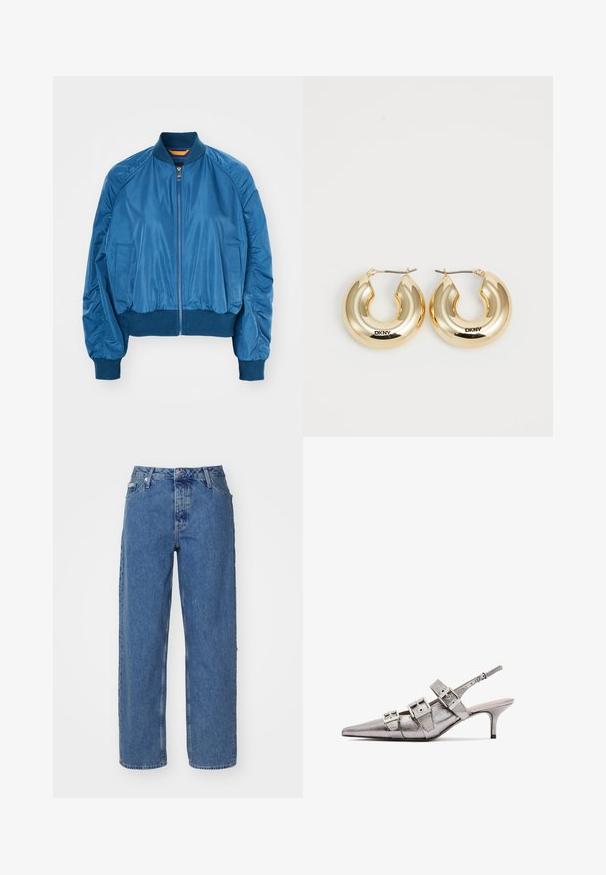 Mėlyna bombonešio striukė, pagaminta iš lygaus nailono, su priekiniu užtrauktuku, raibota apykakle ir apačia, su surinktais detalėmis ant rankovių.; Šviesiai rožinis medvilninis marškinėliai su apvalia apykakle, su sidabriniu siuvinėtų "Calvin Klein" logotipu ir subtiliu "CK" dizainu ant krūtinės.; Šviesiai mėlyni džinsai su aukštu liemeniu, tiesaus silueto dizainu, penkiais kišenėmis ir šiek tiek išblukusiu tekstūru. Prisegamas ir mygtuko užsegimas.; Metalinis sidabro spalvos slingback kulnas su smailiu pirštu, turintis tris plačias juosteles ir kvadratinius metalinius užsegimus. Blizgi tekstūra ir plonas kulnas.; Auksinės auskarų lankeliai su lygiu, suapvalintu dizainu ir blizgiu paviršiumi, turintys užsegimą. Išgraviruota "DKNY."