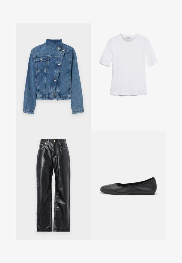 Denim jacket in light blue, featuring a collar, asymmetrical closing, two front pockets, button accents, and a cropped design.; White short-sleeve t-shirt made of ribbed fabric. Round neckline, regular fit, and subtle stitching details. No patterns or graphics.; Black faux leather pants with a wide-leg cut, featuring white stitching, front pockets, and a gold button at the waistband.; Black leather ballet flat with a rounded toe, smooth texture, minimal stitching detail, and a flexible sole design.