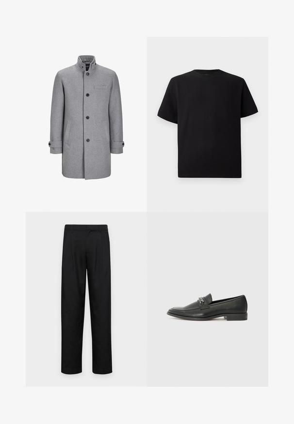 Casaco de lã cinza com colarinho alto, fecho na frente com botões, um bolso no peito e dois bolsos laterais. Apresenta punhos dobrados e um acabamento texturizado.; T-shirt preta de mangas curtas feita de tecido texturizado, com decote redondo e um corte descontraído. Simples, sem padrões ou detalhes.; Calças pretas feitas de tecido suave, com um design de perna reta, dois pregas frontais e uma cintura padrão com passantes para cinto.; Sapatilha de couro preta com um acabamento suave, apresentando um design cosido e um detalhe decorativo de corrente de metal atravessando o peito do pé. Salto baixo.