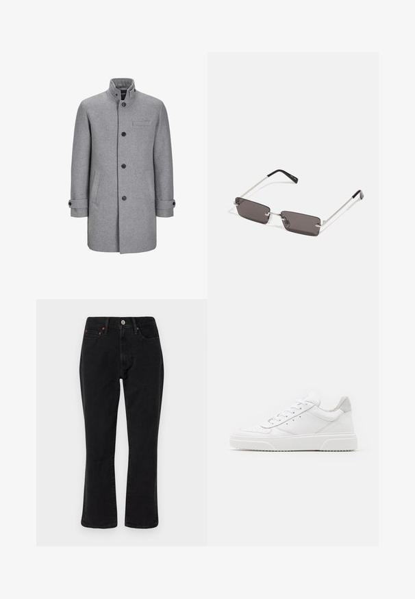 Šedý vlněný kabát s vysokým límcem, zapínání na knoflíky vpředu, jednou náprsní kapsou a dvěma bočními kapsami. Má ohrnovací manžety a texturovaný povrch.; Bílý bavlněný tričko s krátkým rukávem a kulatým výstřihem, na přední straně s červeným grafickým textem "VYNIKAJÍCÍ OSVĚŽUJÍCÍ OVOCNÝ".; Černé džíny z denimu s rovnými nohavicemi, pěti kapsami a kovovými doplňky s měděnými akcenty. Hladká textura a střední pas.; Bílé kožené tenisky s hladkým povrchem, zaoblenou špičkou, plochými tkaničkami a texturovanou podrážkou. Šedý semišový detail na patě.; Sluneční brýle s obdélníkovými tmavě šedými skly, stříbrnými kovovými rámy a černými plastovými konci na nožičkách. Lehké provedení s podložkami na nos.