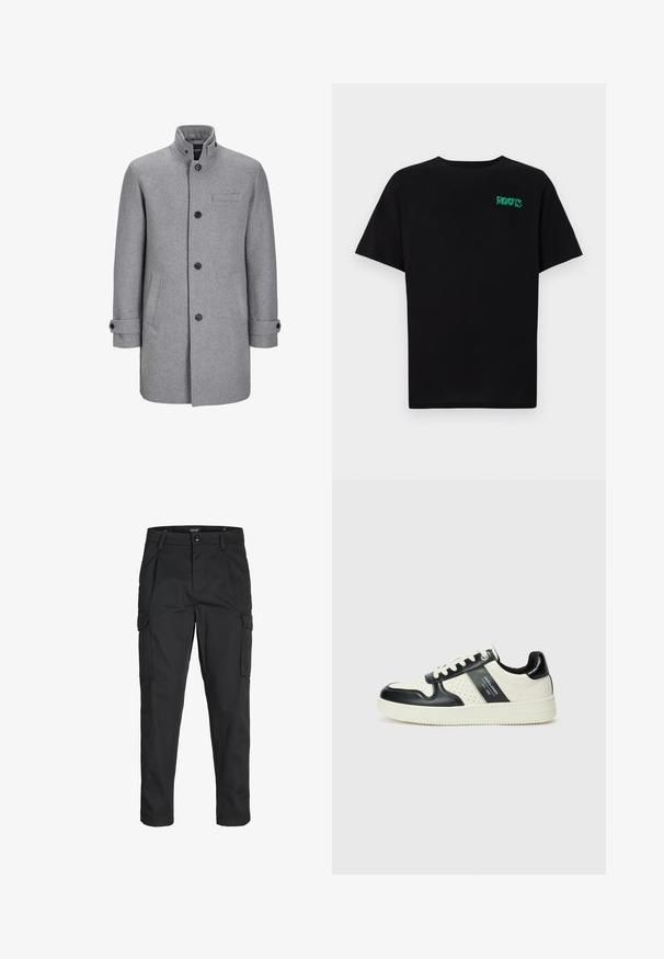 Palton gri din lână cu guler înalt, închidere cu nasturi în față, o buzunare pe piept și două buzunare laterale. Include manșete rulate și un finisaj texturat.; Tricou negru din bumbac, cu mâneci scurte. Prezintă un logo verde "ROOTS" pe față, guler rotund și o potrivire standard.; Pantaloni cargo negri dintr-un material rezistent, cu multiple buzunare, închidere cu nasture și un design slim fit cu picioare conice.; Tenisi din piele cu un scheme de culori negru și crem, dotati cu accente perforate, guler căptușit și o talpă texturată.