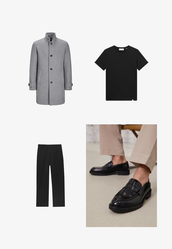 Palton gri din lână cu guler înalt, închidere cu nasturi în față, o buzunare pe piept și două buzunare laterale. Include manșete rulate și un finisaj texturat.; Tricou scurt cu mânecă, de culoare neagră, realizat din bumbac, cu guler tip crew și un mic logo brodat pe piept. Textură netedă, croială standard.; Pantaloni negri cu un design drept, fabricați dintr-un material neted. Au plisse în față și un sistem de închidere cu un singur buton la talie.; Loafers negre din piele cu o finisare netedă, având o curea decorativă și cusături contrastante, asortați cu pantaloni bej.