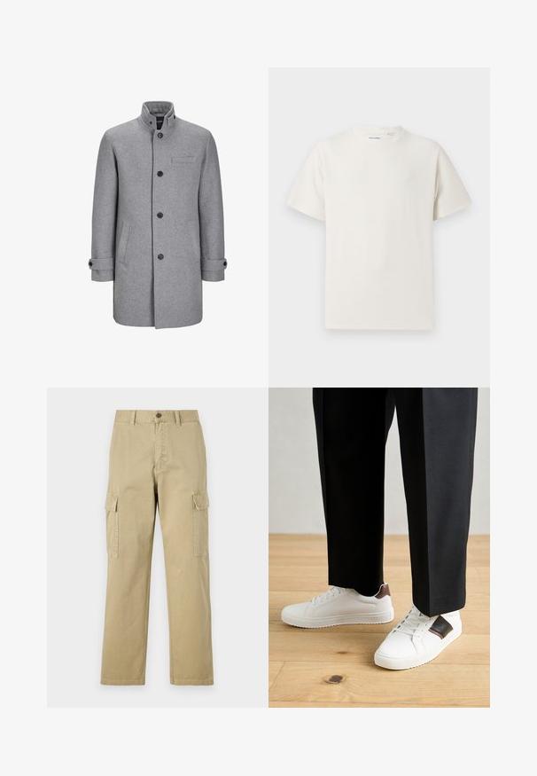 Pelēks vilnas mētelis ar augstu apkakli, priekšējās pogu aizdares, vienu krūšu kabatu un divām sānu kabatām. Iezīmes - sarullēti piedurknes un teksturēta apdare.; Balta krūštura īsām piedurknēm ar ribota auduma faktūru. Apaļš kakla izgriezums, brīvs griezums, bez redzamām rakstām vai akcentiem. Vienkāršs un daudzpusīgs dizains.; Beige kravas bikses no kokvilnas, kas aprīkotas ar divām sānu kabatām, pogu aizdari un taisnām kājām ar nedaudz teksturētu audumu.; Baltā pārsoļa apavi ar gludu tekstūru, papildināti ar brūniem ādas akcentiem un melniem elementiem, savienoti ar melnām pielāgotām biksēm. Koka grīdas fons.