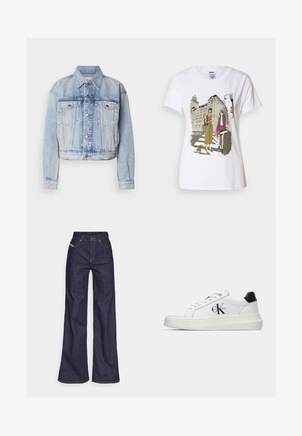 Vaaleansininen farkkutakki, jossa on lyhyt malli, kaksi rintataskua, hopeiset napit ja terävä kaulus; pinnassa on haalistunut pinta.; Valkoinen puuvillainen t-paita, jossa on painettu kuva kahdesta naisesta kaupunkimuotityyleissä, koirasta suojatiellä ja kaupungin rakennuksista.; Tummansiniset leveälahkeiset farkut denimmateriaalista, joissa on korkea vyötärö. Niissä on oranssit tikkaus, viisi taskua ja napitus.; Valkoiset matalat tennarit, joissa on musta kantapää, alustasolki, nauhat ja Calvin Kleinin "CK" logo sivuilla.