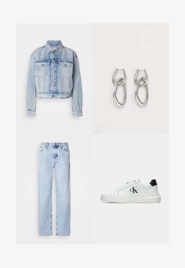 Lyseblå denimjakke med en kortet design, to brystlommer, sølvknapper og spiss krage; har et falmet tekstur gjennomgående.; Hvit bomulls t-skjorte med rund hals, korte ermer, og et frontlogo i rosa og blått med teksten "Calvin Klein" under.; Lyseblå vide jeans laget av denim, med høy midje, falmet vask og subtilt tie-dye mønster foran.; Hvite lavsko med svart hæltab, plattformsåle, snøringer og Calvin Klein "CK" logo på siden.; Calvin Klein STATEMENT LINKS - Øredobber - silver-coloured