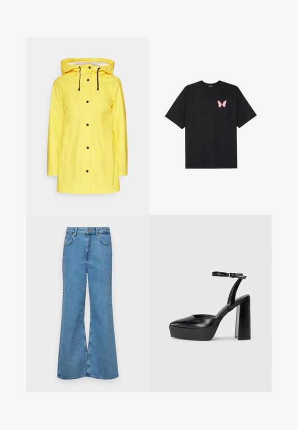 Capa de chuva amarela à prova d'água com capuz, acentuada por detalhes em preto e cordões. Apresenta dois bolsos frontais e fecho com botão.; T-shirt de algodão preto com mangas curtas, apresentando um pequeno gráfico de borboleta rosa no lado esquerdo do peito. Design de gola redonda com um corte solto.; Jeans de brim azuis claros, com corte à boca de sino, apresentando uma cintura alta, cinco bolsos e um fecho de botão único. Textura macia com acabamento desbotado.; Saltos altos pretos com bico fino e atilho ajustável no tornozelo. Confeccionados em couro suave, apresentam um salto bloco robusto.