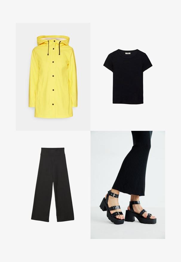 Gul vandtæt regnjakke med hætte, accentueret af sort hardware og snoretræk. Har to frontlommer og knaplukning.; Sort kortærmet t-shirt lavet af blødt stof. Har en klassisk rund halsudskæring og en afslappet pasform. Ingen mønstre eller accenter synlige.; Sorte brede bukser med høj elastisk talje, blødt stof og løs pasform, velegnede til afslappet tøj eller uformelle anledninger.; Sorte platfromsandaler med kraftige, skridsikre såler og flere stropper, der har metalspænder og en glat læderlignende tekstur.