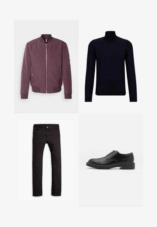 Jachetă bomber bordo, cu închidere centrală cu fermoar, guler cu margine ribbed, buzunare laterale și un buzunar cu fermoar pe braț. Material neted cu textură minimă.; Pulover turtleneck de culoare navy închis, realizat dintr-o țesătură fină, cu mâneci lungi și un guler înalt, ajustat. Fără modele sau accente vizibile.; Jeans negri slim-fit cu cinci buzunare și închidere cu nasture, așezați plat pe un fundal alb.; Pantofii din piele neagră, cu șireturi, au vârful rotunjit, o textură netedă, cusături minime și un toc de cauciuc scăzut. Logo pe toc.