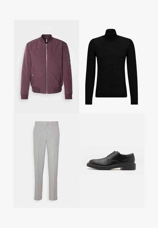 Bordó bomber dzseki, elülső cipzárral, bordás gallérral, oldalsó zsebekkel és cipzáras karzsebbel. Simább anyag, minimális textúrával.; Fekete garbó pulóver puha anyagból, hosszú ujjakkal és szoros fazonnal. Ribbed díszítés az alján és az ujjak végén. Egyszerű dizájn.; Világosszürke nadrág, sima textúrával, lapos elülső résszel és egyenes lábakkal. Lélegző anyagból készült, belső zsebekkel és övjáratokkal ellátva.; Fekete bőrcipő, kerek orrú, sima felületű, minimális varrással és alacsony gumitalppal. Logó a sarokrészen.