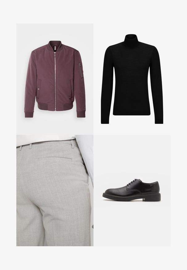 Bordo bombonešis su užtrauktuku priekyje, dažyta apykakle, šoninėmis kišenėmis ir užtrauktuku arm_jsii. Lygus audinys su minimalia tekstūra.; Juodas aukšto kaklo megztinis, pagamintas iš minkštos medžiagos, su ilgomis rankovėmis ir prigludusia forma. Su raukiniais apačioje ir rankogaliuose. Paprastas dizainas.; Šviesiai pilkos spalvos pritaikytos kelnės iš faktūrinės medžiagos, turinčios vieną užpakalinę kišenę ir tvarkingus siūlus.; Juodas odinis batų modelis su raišteliais, apvaliu nosiu, lygiu paviršiumi, minimaliai siuvinėjimu ir žemu guminėmis pakulne. Ant pakulnės šalia logo.