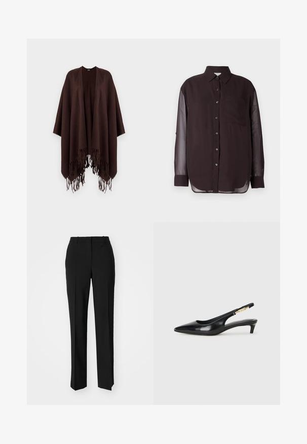 Smeđi pončo s resicama napravljen od mekanog materijala, s drapiranim dizajnom, otvorenim stranama i okruglim izrezom.; Crna košulja s dugim prozirnim rukavima, džepom na prsima i zaobljenim rubom. Glatka tekstura tkanine; klasičan dizajn ovratnika.; Crne krojene hlače ravnog kroja, s glatkom teksturom i oštrim pregibima naprijed. Bez vidljivih metalnih dijelova.; Crne kožne sandale s petom, s izduženim vrhom, imaju usku petu i zlatni akcent na podesivoj traci. Glatka tekstura.