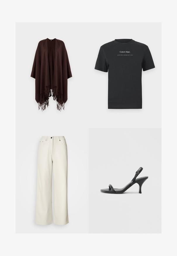 Ruskea frangeilla varustettu poncho, joka on valmistettu pehmeästä kankaasta. Siinä on roikkuva muotoilu avoimilla sivuilla ja pyöreä pääntie.; Musta puuvillainen T-paita, jossa on pyöreä pääntie, lyhyet hihat ja valkoinen painettu "Calvin Klein" -logo sekä "Established 1968" -teksti.; Kerman leveälahkeiset housut, jotka on valmistettu sileästä kankaasta. Ominaisuuksiin kuuluvat keskikorkea vyötärö, vetoketjukiinnitys ja kaksi etutaskua mustilla metalliosilla.; Mustat nahkaiset korkokengät, joissa on hoikka, kaareva korko ja ristiin menevä hihnadesign. Säädettävä nilkkahihna. Silkkinen pinta.