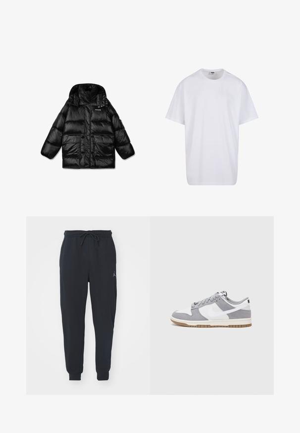 Chaqueta de plumas negra con un cuello alto, cierre de cremallera y dos grandes bolsillos frontales. Tejido brillante acolchado con una textura suave.; Camiseta blanca de algodón con mangas cortas, cuello redondo, corte relajado y sin logotipos ni patrones visibles. Textura suave y diseño minimalista.; Pantalones de chándal negros hechos de tela suave, con una cinturilla elástica con cordón, puños acanalados y un pequeño logo en el muslo izquierdo.; Las zapatillas Nike presentan una parte superior de ante gris y cuero blanco con perforaciones, cordones redondos y una suela de goma para tracción.