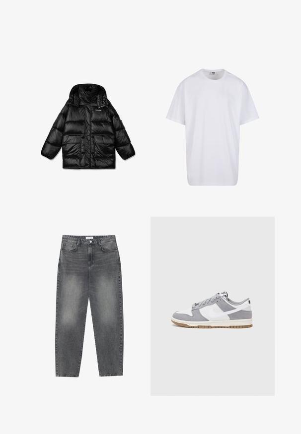 Črn puhasti jopič z visokim ovratnikom, zadrgo in dvema velikima sprednjima žepekoma. Sijajna, prešita tkanina z gladko teksturo.; Bela bombažna majica s kratkimi rokavi, okroglim izrezom, sproščenim krojem in brez vidnih logotipov ali vzorcev. Gladka tekstura in minimalen dizajn.; Visoko pasovi, široke kavbojke iz obledelog črnega denima. Imajo pet žepov, zanke za pas in čisto, ravno obliko nog. ; Sive in bele teniske s suknim in usnjem zgornjim delom, zaobljenim nosom, ravnimi vezalkami in gumijastim podplatom z dodatkom gumijaste barve.