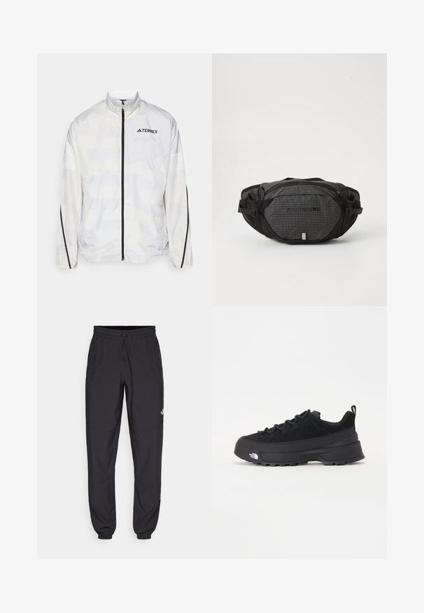 Giacca bianca a vento con dettagli neri e chiusura con zip. Caratterizzata da un colletto alto e un motivo geometrico sottile. Logo sul petto.; The North Face M GLACIER FLEECE 1/4 ZIP JACKET - Felpa in pile - grey heather; Pantaloni sportivi neri realizzati in tessuto leggero, con vita regolabile con cordino, tasche laterali e orli affusolati alle caviglie.; Sneaker da esterno nera con parte superiore in suede, suola in gomma testurizzata e robusto sistema di allacciatura. Presenta un tallone rinforzato e il logo del marchio sul lato.; Marsupio nero e grigio con un motivo a griglia, spallacci regolabili, due scomparti con zip e un logo del marchio sulla parte anteriore.