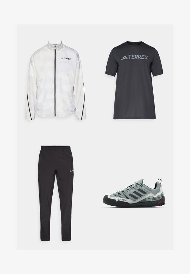 Valge windbreaker-jakk mustade detailidega ja tõmblukuga. Omab kõrget kaelust ja peent geomeetrilist mustrit. Logo rinna peal.; Must musta t-särk, mis on valmistatud kergetest kangast, millel on kergehall "TERREX" logo rinnaeest ja ümar kaelus.; Mustad mustad dressipüksid elastse vöökoha, kahe külje tõmblukuga tasku ja logoga paremal ülemisel reitel. Sile ja kerge kangas.; Hallid hallid ronimissaapad, millel on tekstureeritud pealispind, must kummist varbakaitse, kolm tumedat triipu ja väike punane aktsent tallal.