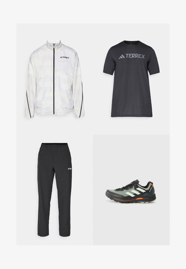 Casaco cortavento branco com detalhes em preto e fecho de correr. Apresenta um colarinho alto e um padrão geométrico subtil. Logotipo no peito.; Camiseta preta de manga curta feita de tecido leve, com o logótipo cinza-claro "TERREX" atravessando o peito e um decote redondo.; Calças atléticas pretas com cintura elástica, pernas retas e um pequeno detalhe de logotipo branco no lado esquerdo. Feitas de um tecido leve.; Sapatilha de trail running leve com parte superior em malha cinza e preta, detalhes em laranja e uma sola robusta para tração. Forro impermeável em Gore-Tex.