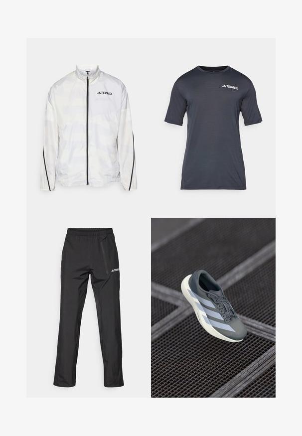 Witte windbreakerjas met zwarte accenten en een rits sluiting. Voorzien van een hoge kraag en een subtiel geometrisch patroon. Logo op de borst.; Donkergrijze t-shirt met korte mouwen, gemaakt van lichtgewicht, ademend materiaal. Voorzien van een ronde hals en een wit "TERREX" logo aan de voorkant.; Zwarte, lichtgewicht outdoorbroek met elastische tailleband, ritssluitingen in de zakken en een gedrukt logo. Gladde textuur en rechte pijpen.; Sportschoen in grijs en wit, gemaakt van synthetisch materiaal, met een gestroomlijnd ontwerp, textuurafwerking en een opvallend vetersysteem.