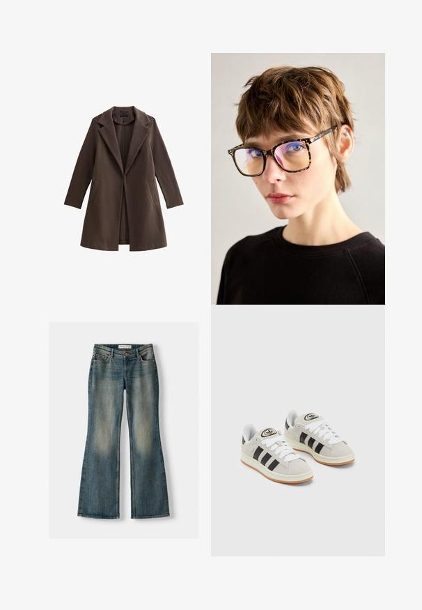 Bruine wolmix jas met een geknipt kraag, open voorkant, lange mouwen en zijzakken. Gladde textuur en knielange uitvoering.; Witte katoenen tanktop met een ronde halslijn, zonder mouwen en een getailleerde vorm. Soepele textuur, eenvoudig ontwerp en minimale stikdetails.; Blauwe uitlopende spijkerbroek met een vervaagde wassing, vijf zakken en een knoopsluiting. Het materiaal heeft een denim textuur met subtiele stikseldetails.; Grijze nubucklederen sneakers met witte veters, zwarte strepen en een witte rubberen zool. Bevat een rond logo op de tong en een gumzool.; Tortoiseshell brillen met grote rechthoekige monturen, voorzien van reflecterende glazen en dunne pootjes, gedragen tegen een neutrale achtergrond.; Zwarte lederen handtas met gevlochten handvatten, ritsvak en hangende franjes. Gelaagde oppervlakte met metalen studs en hardwareaccenten.